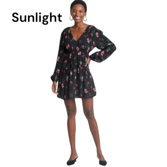 A NEW DAY Floral Long-Sleeve Mini Dress Tie-Back Neckline Elastic Waist SZ XL - Picture 1 of 11